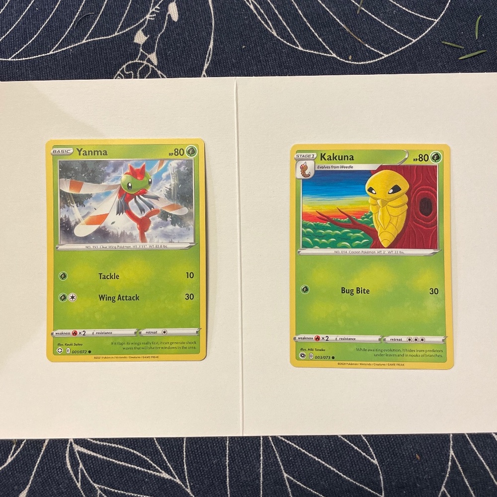 Two Pokémon cards, yanma and kakuna